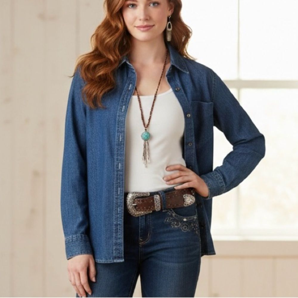Port & Company Cotton Chambray Denim Button-Up Western Long Sleeve Blouse SZ L